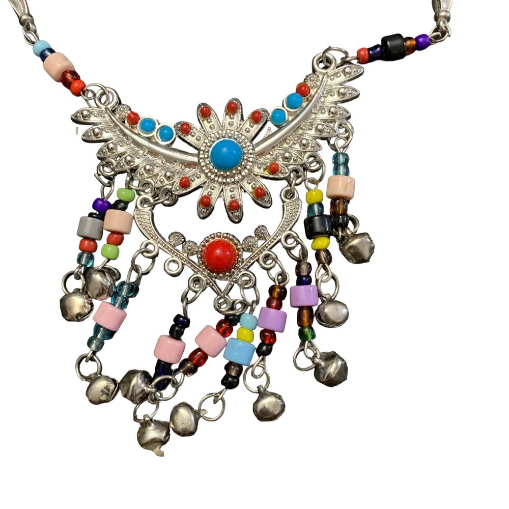 Boho Beaded Silver Afghan Necklace